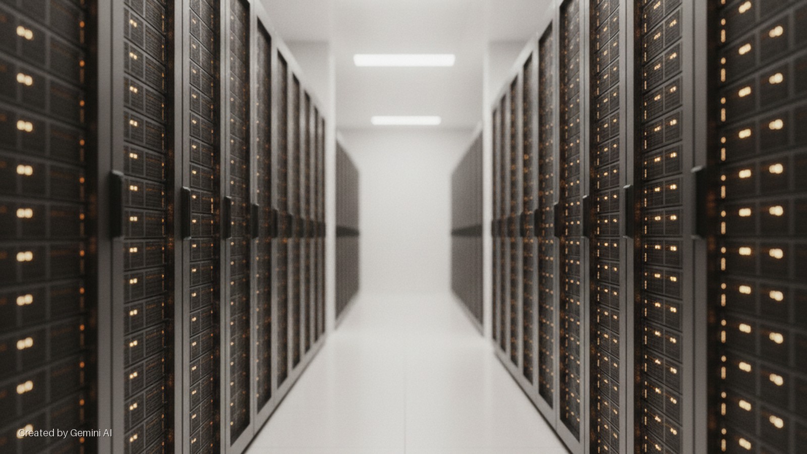 A long corridor in a data center lined with server racks displaying numerous glowing orange lights, illuminated by bright white ceiling lights in the distance.