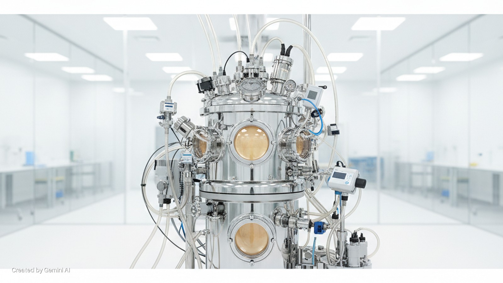 A large, multi-chambered stainless steel scientific apparatus with numerous tubes, gauges, and circular viewing windows stands prominently in a brightly lit, pristine laboratory with white walls and glass partitions.