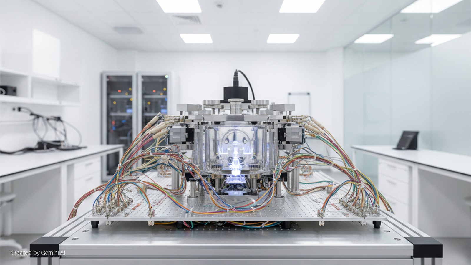 A brightly illuminated scientific apparatus featuring a central glowing transparent enclosure, numerous colorful wires, and metal framework rests on a lab bench in a white cleanroom containing server racks.
