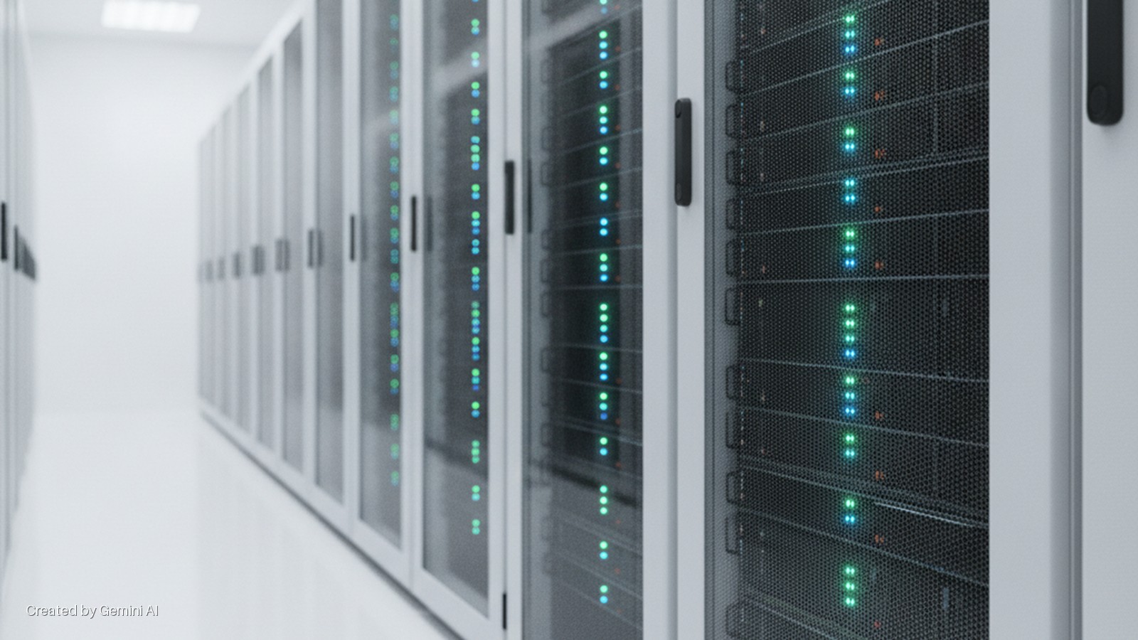 A bright data center aisle is lined with rows of server racks, featuring glowing green and blue indicator lights visible on servers behind perforated doors.