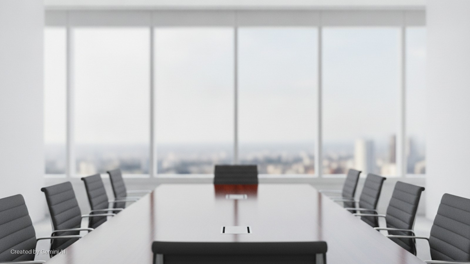 A brightly lit conference room features a long wooden table surrounded by gray office chairs, with a blurred cityscape visible through large windows in the background.