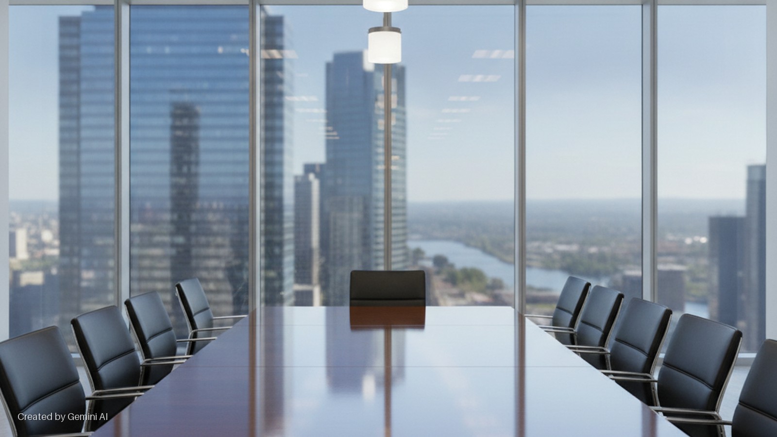 A modern conference room features a long, reflective wooden table, black leather chairs, and overhead pendant lights, brightly illuminated by daylight from floor-to-ceiling windows showcasing a city skyline with skyscrapers and a distant ri