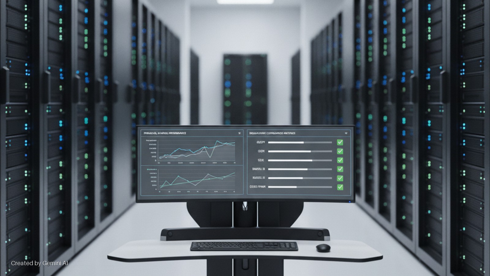 A computer monitor displaying system performance data, a keyboard, and a mouse are positioned on a white desk in a brightly lit data center, surrounded by rows of dark server racks featuring blinking blue and green LED lights.