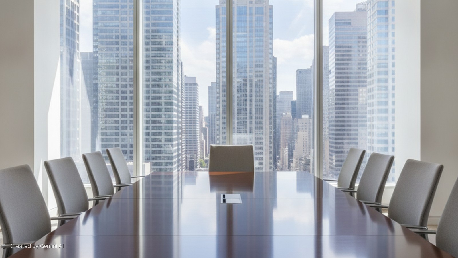 A bright modern conference room features a long, polished wooden table surrounded by grey chairs, with large windows overlooking a dense cityscape of tall skyscrapers under natural daylight.