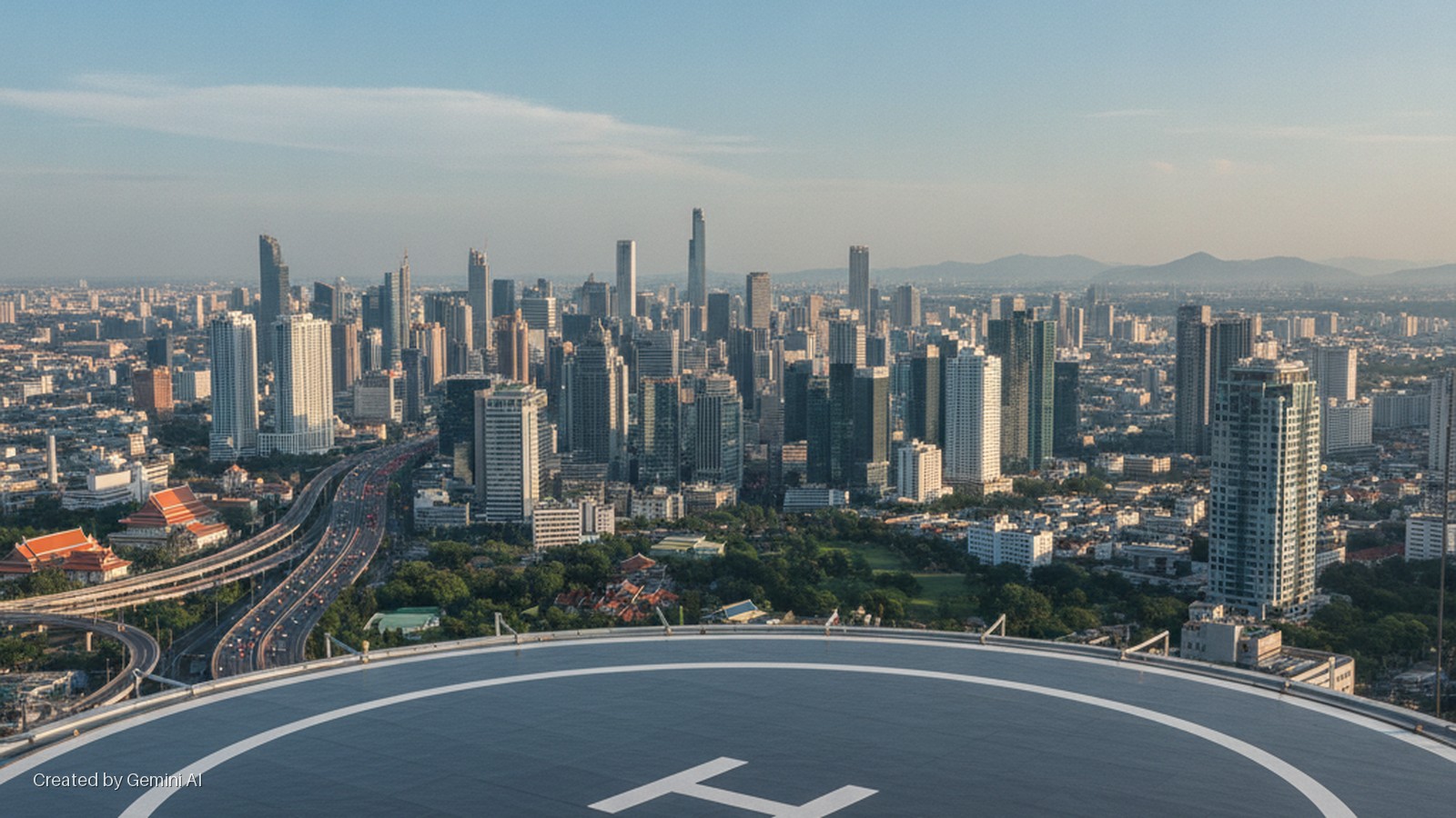 High-angle view of a sprawling city showing modern skyscrapers, an elevated highway with traffic, traditional temple buildings, and distant mountains under a clear blue sky, from a rooftop helipad.