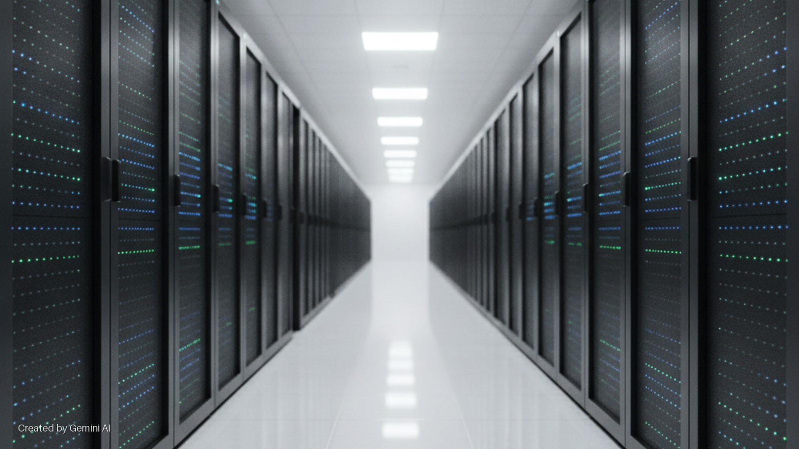 A bright data center aisle features symmetrical rows of black server racks displaying numerous blue and green indicator lights, illuminated by white overhead panel lights.