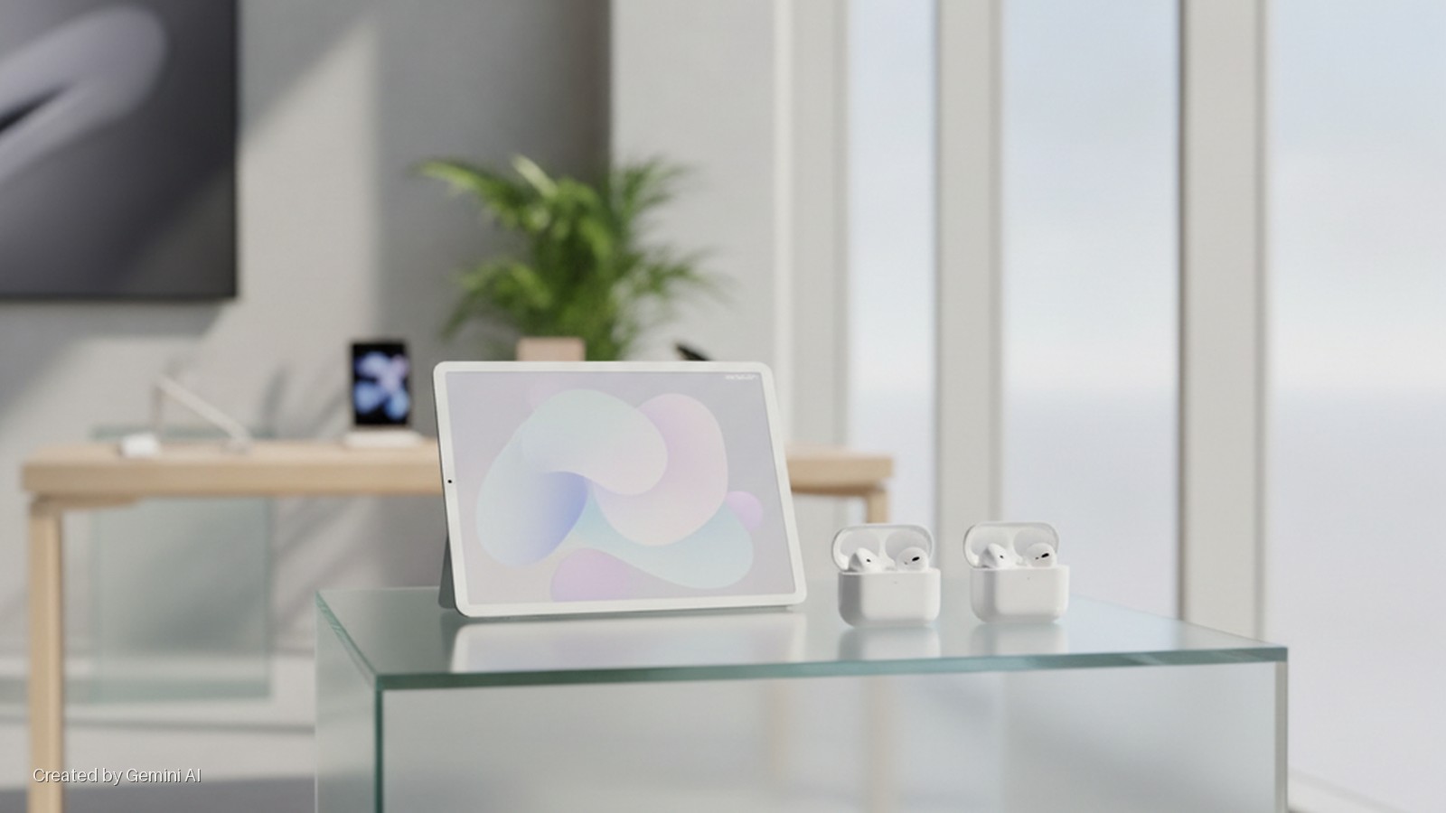 A white iPad on a stand displaying an abstract wallpaper and two white AirPods in open charging cases sit on a glass table in a brightly lit modern showroom with a wooden table and plant in the background.