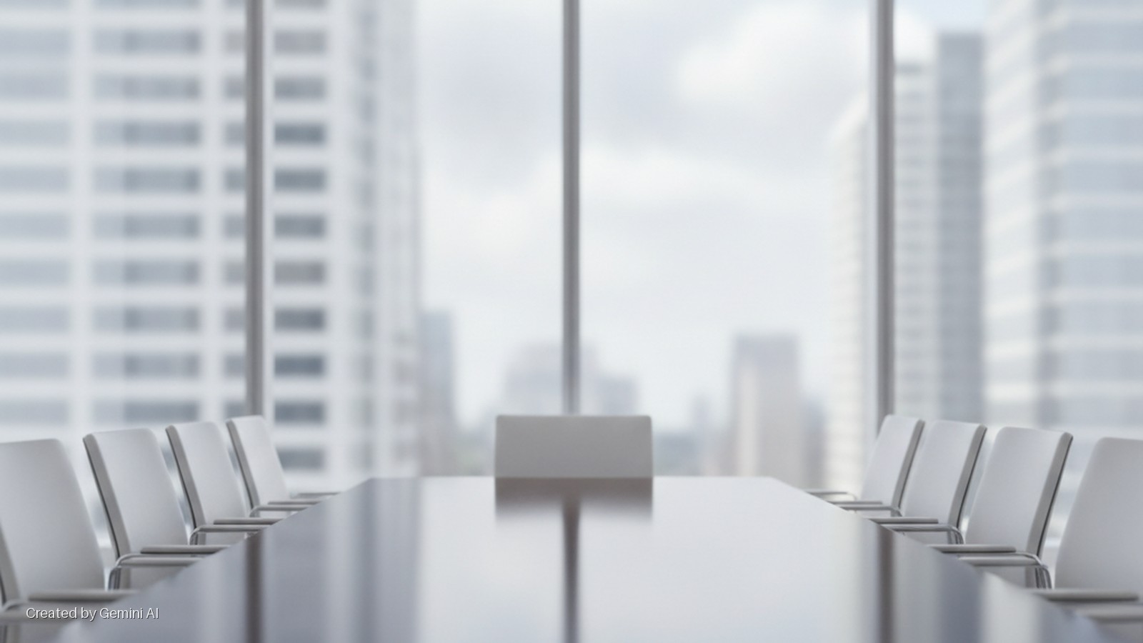 An empty conference room features a long reflective table and rows of white chairs, illuminated by bright natural light filtering through large windows that overlook blurred city buildings.