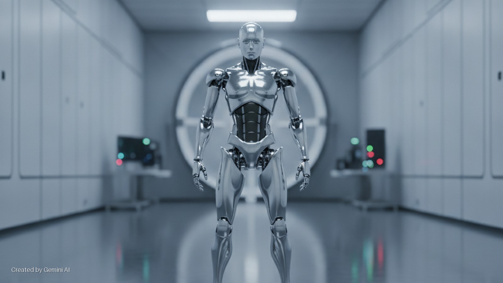 A chrome humanoid robot stands in the center of a brightly lit, sterile white room with paneled walls, a large circular portal, and blurred control panels featuring red and green lights.