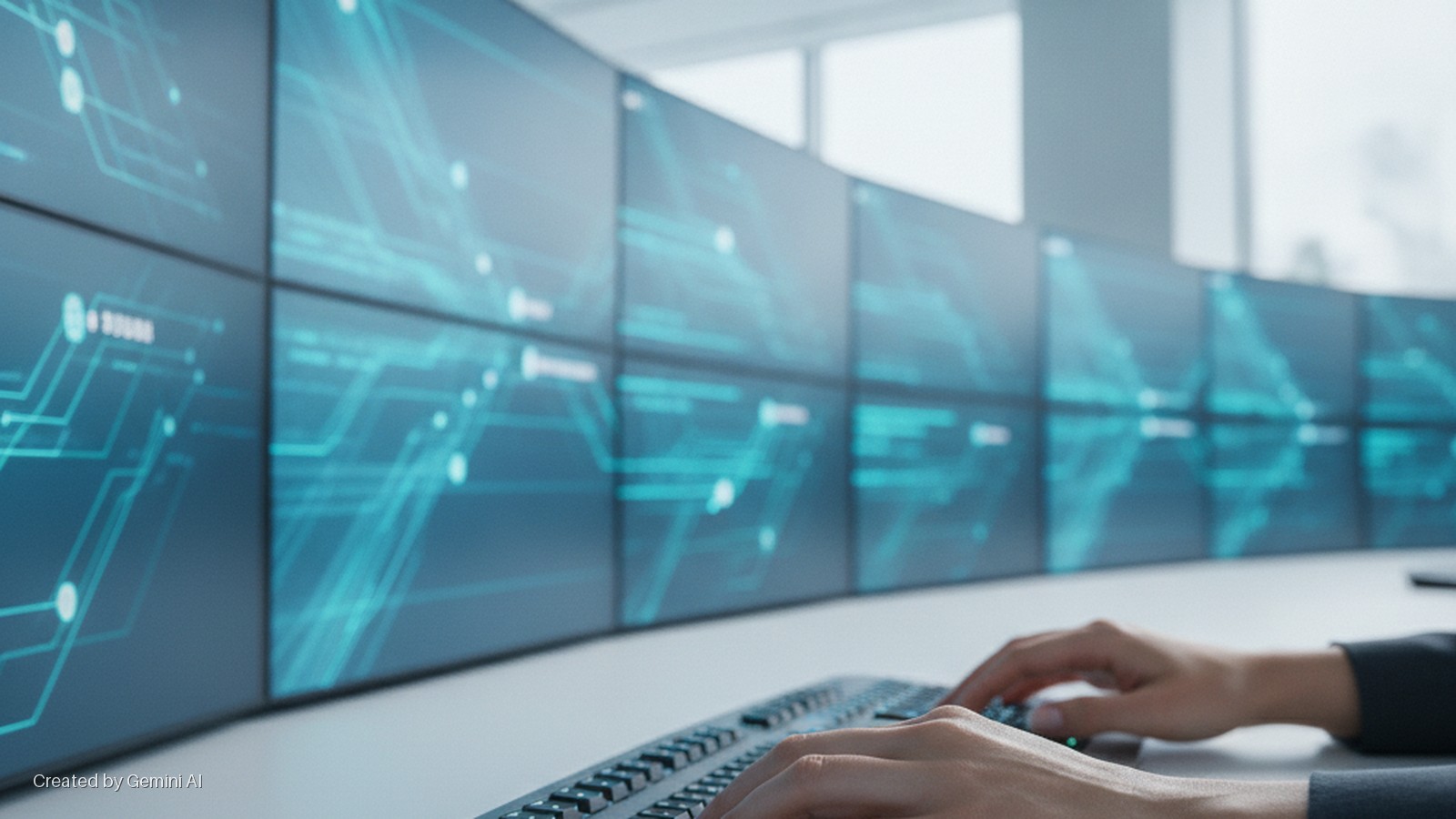 Hands type on a keyboard on a desk, positioned before a curved array of multiple computer monitors displaying glowing blue circuit patterns, with a bright, out-of-focus windowed room in the background.