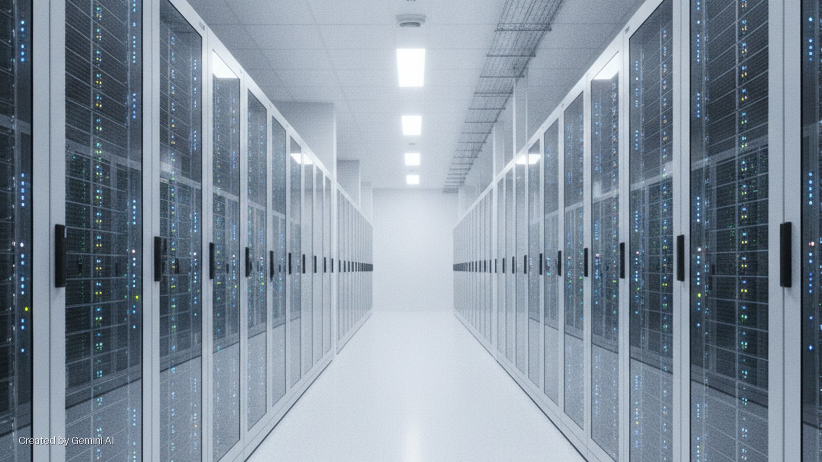 A bright, sterile data center corridor extends into the distance, flanked by rows of server cabinets with glass doors revealing numerous blinking status lights under bright fluorescent ceiling panels and exposed cable trays.