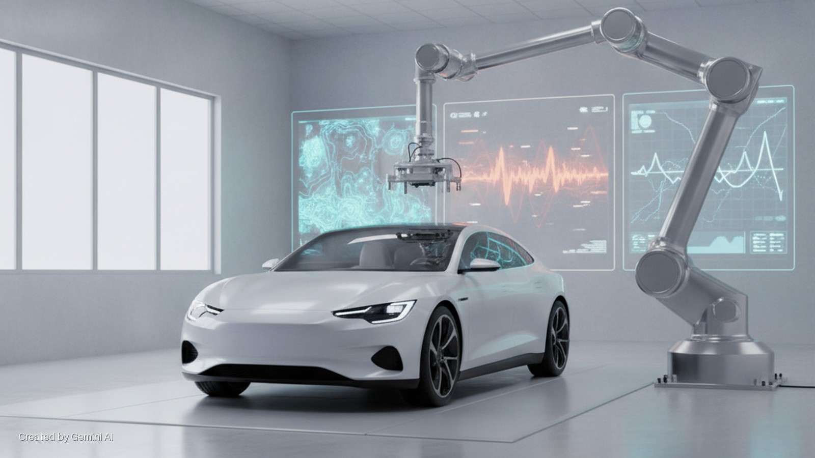 A white car is being scanned by a robotic arm in a bright, modern workshop featuring large windows and digital data screens.