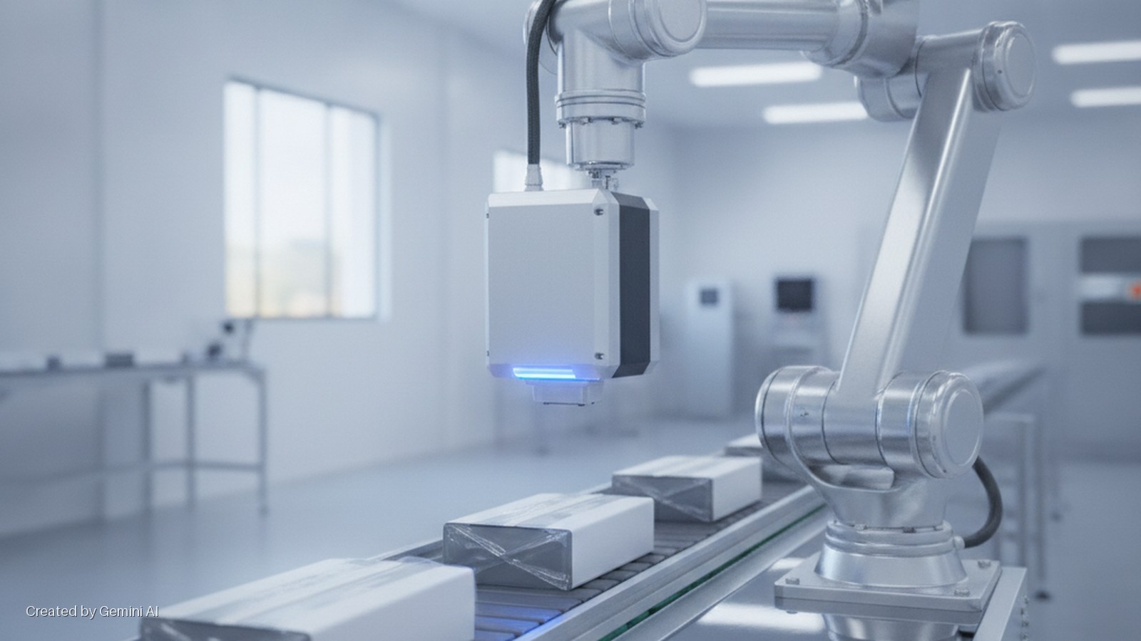 A robotic arm with a blue-emitting vision sensor inspects rectangular white packages on a conveyor belt in a brightly lit, sterile industrial facility.
