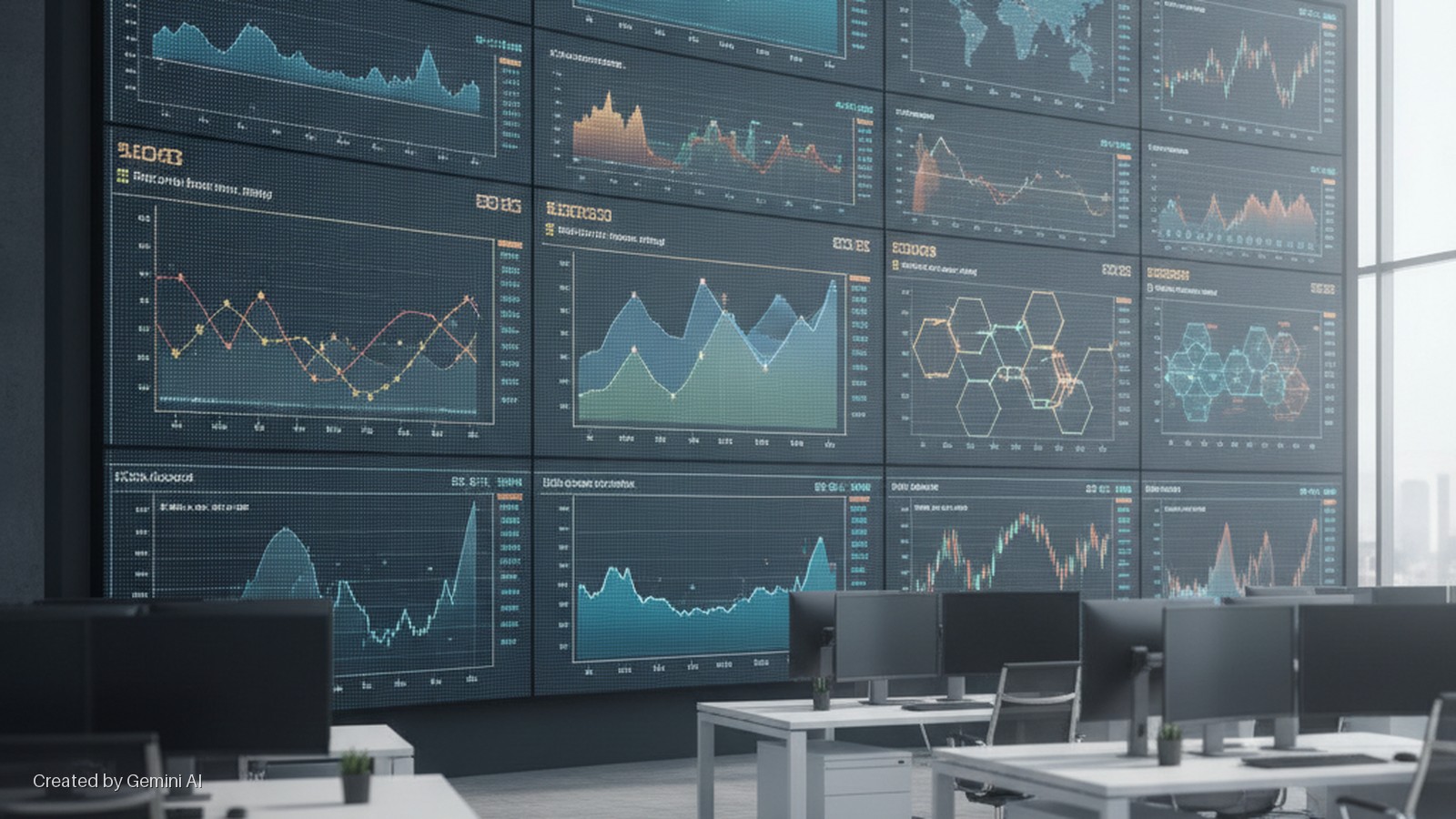A modern office features a large multi-screen video wall displaying various data visualizations and charts, with several white desks, black computer monitors, and chairs, brightly lit by natural light from large windows overlooking a city s