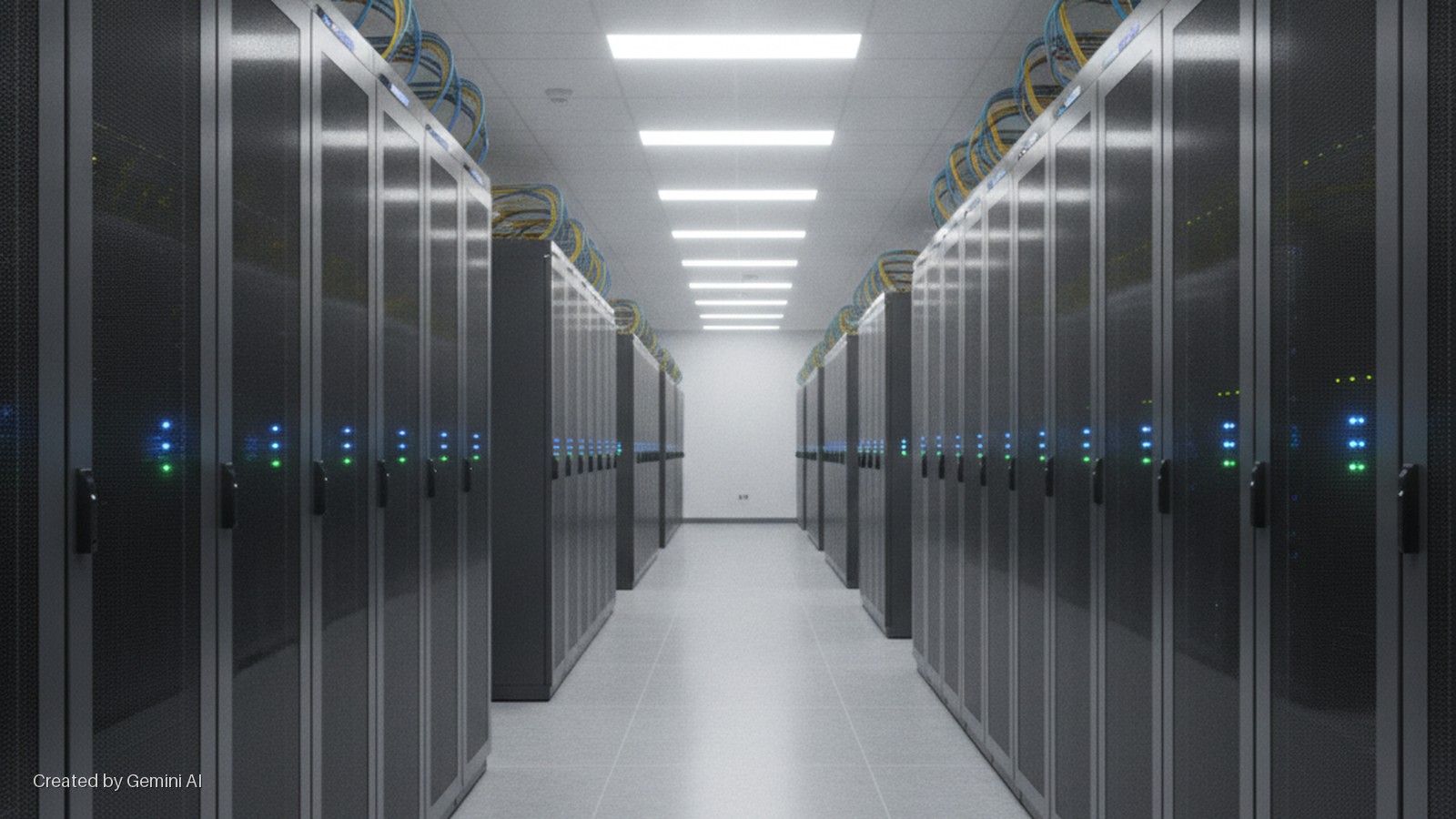 A bright data center aisle is flanked by two long rows of grey server racks displaying blue and green indicator lights and topped with coiled yellow and blue cables, under rectangular overhead panel lights.