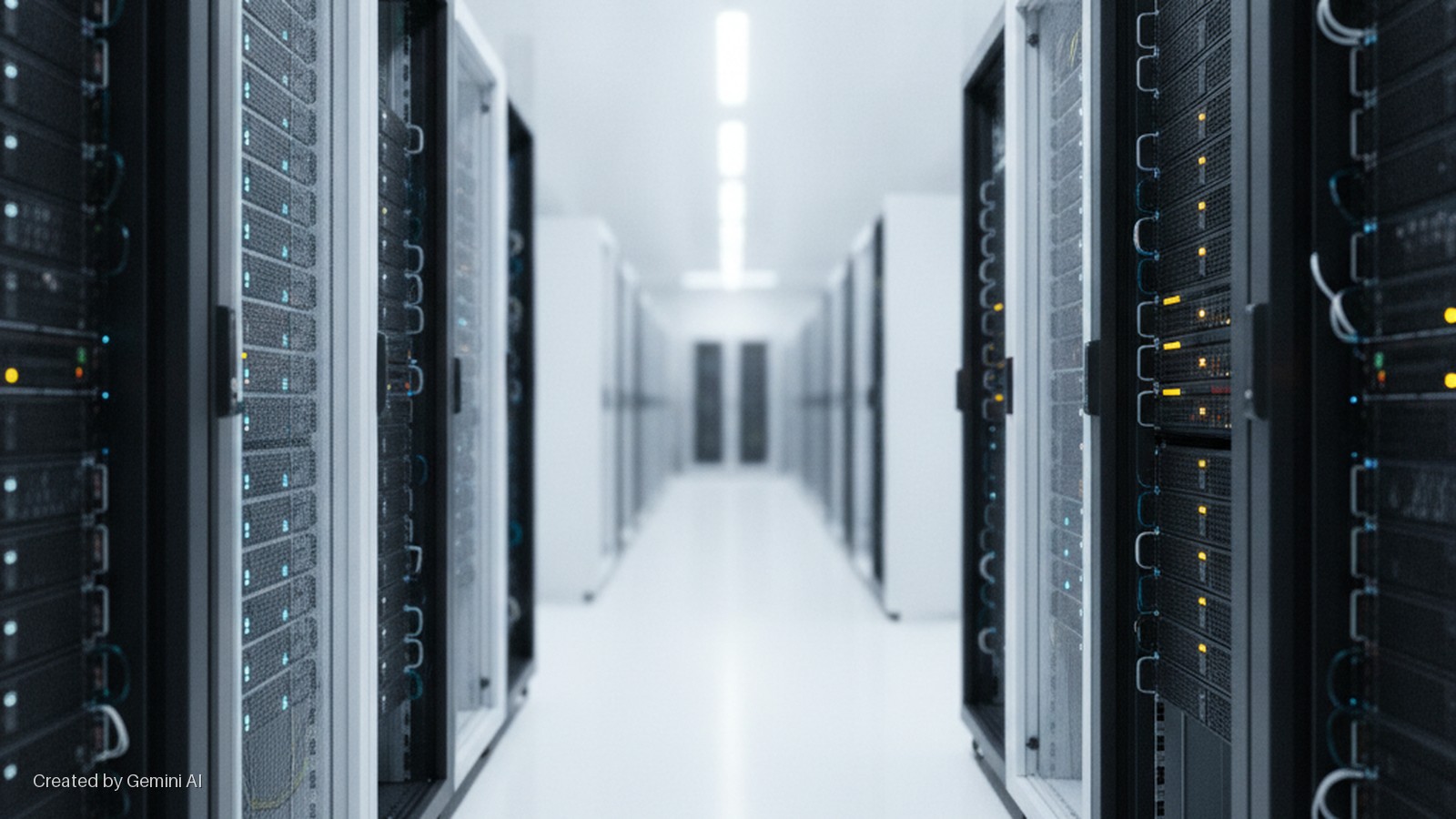 A long, brightly lit data center hallway is lined with black server racks displaying glowing indicator lights.