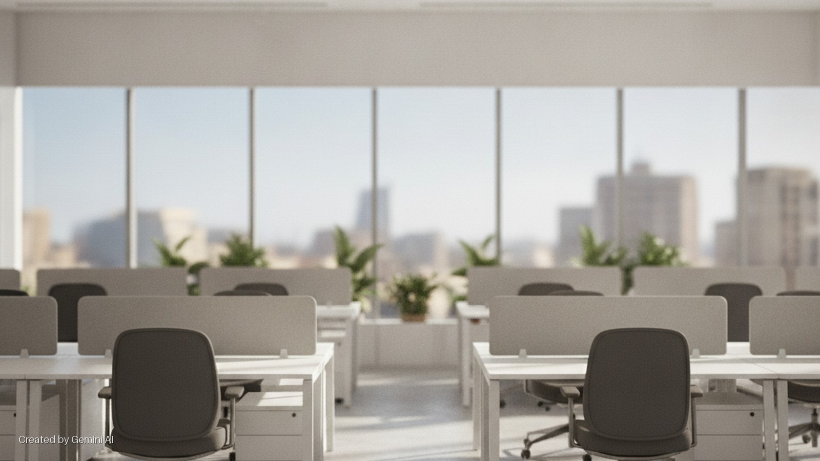 An open-plan office featuring several empty white desks with dark chairs and light grey privacy screens, illuminated by bright daylight from large windows overlooking a distant city.