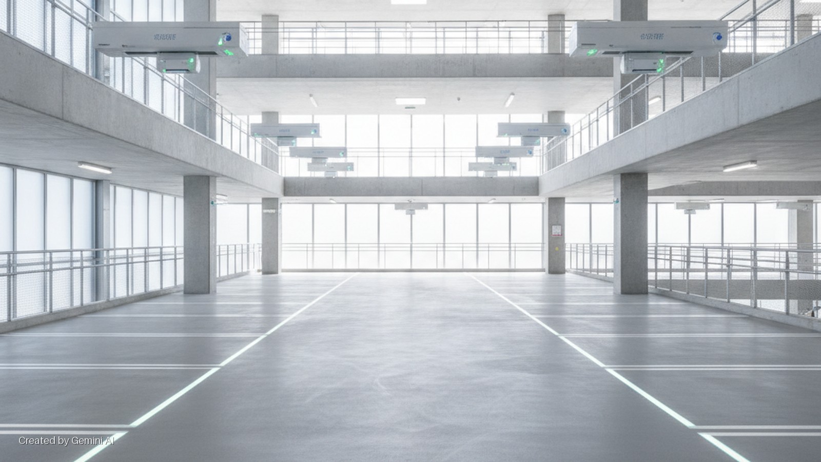 Bright, multi-level concrete parking garage interior features large windows, metal railings, ceiling-mounted ventilation units, fluorescent lighting, and glowing white parking lines on the floor.