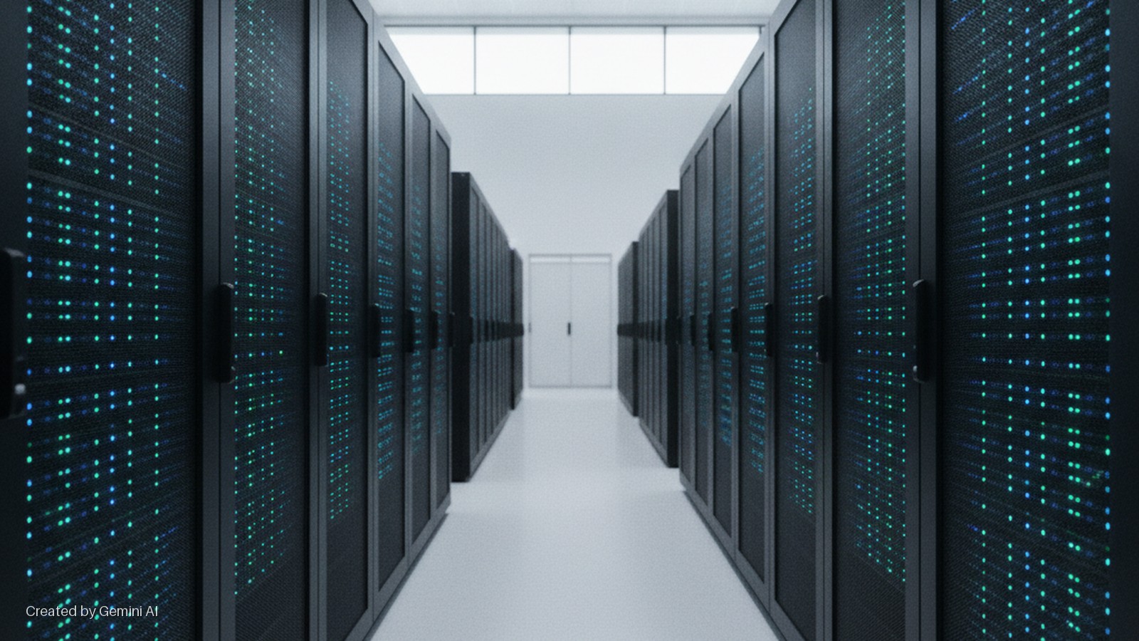 Rows of dark server racks with blinking green and blue indicator lights line a brightly lit data center aisle, leading to a closed white door at the far end.