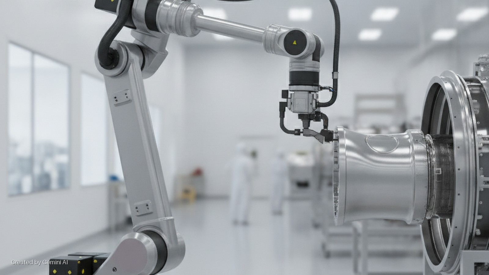 A robotic arm precisely positions a metallic component within a larger assembly in a brightly lit cleanroom, with blurred figures in white suits and large windows in the background.