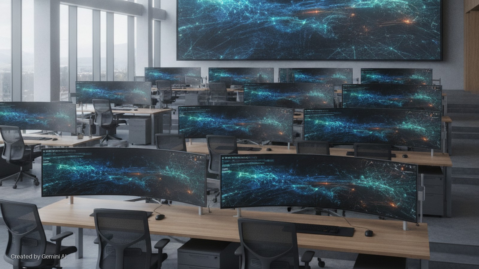 Brightly lit modern office featuring rows of desks, ergonomic chairs, and numerous computer monitors displaying abstract blue and green data patterns, with a large wall-mounted screen and large windows overlooking a city.