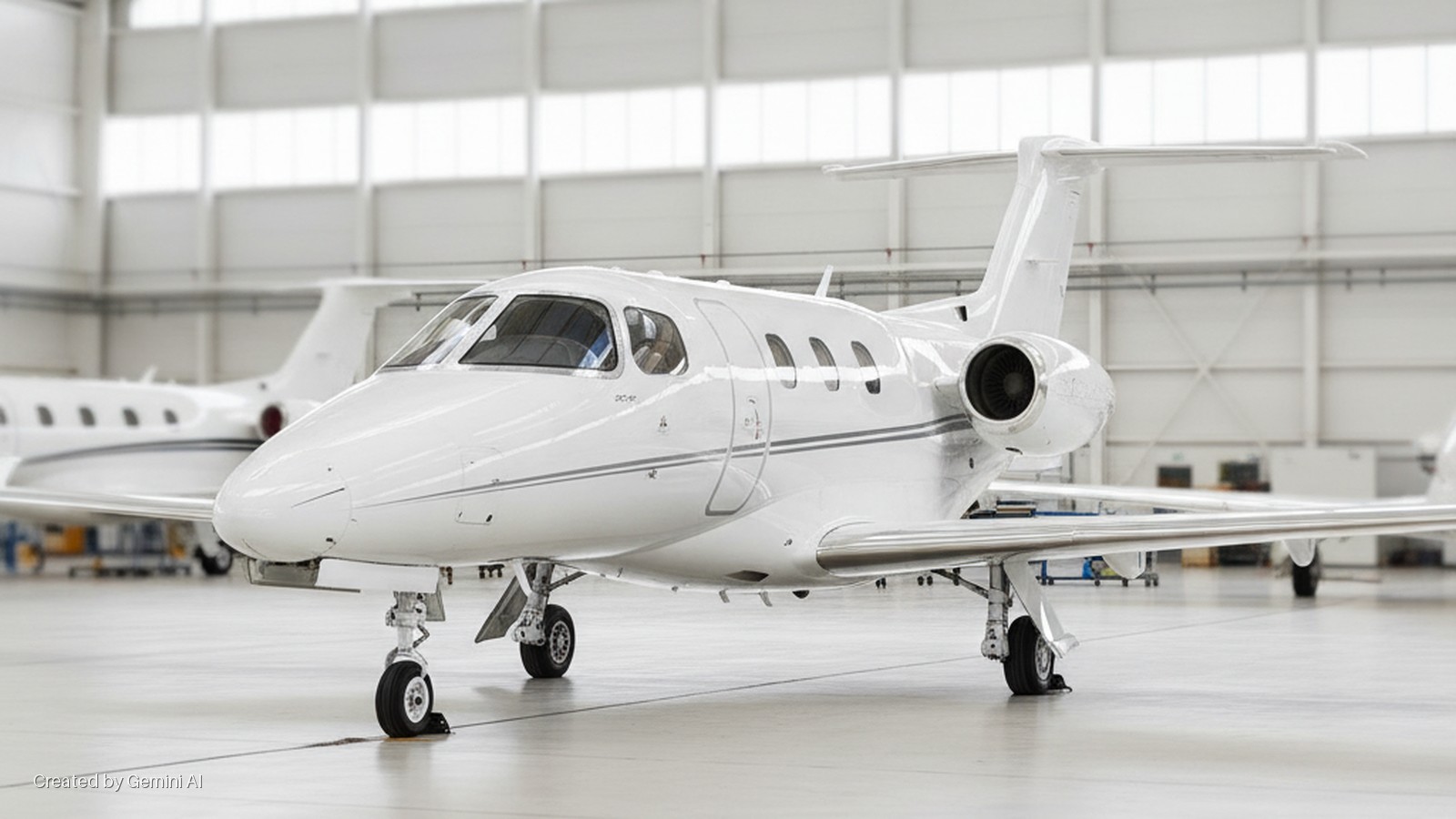 A white private jet with grey stripes is parked inside a brightly lit hangar, with another white jet partially visible in the blurred background.