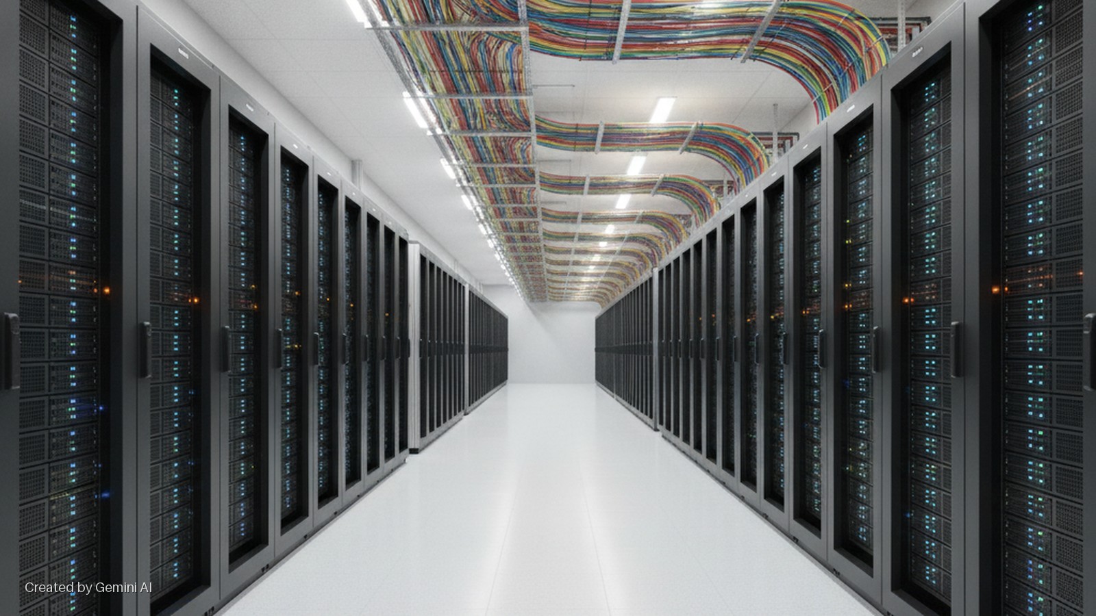 A brightly lit data center aisle features symmetrical rows of dark server racks with glowing blue and amber lights, a reflective white floor, and overhead trays filled with multicolored network cables.