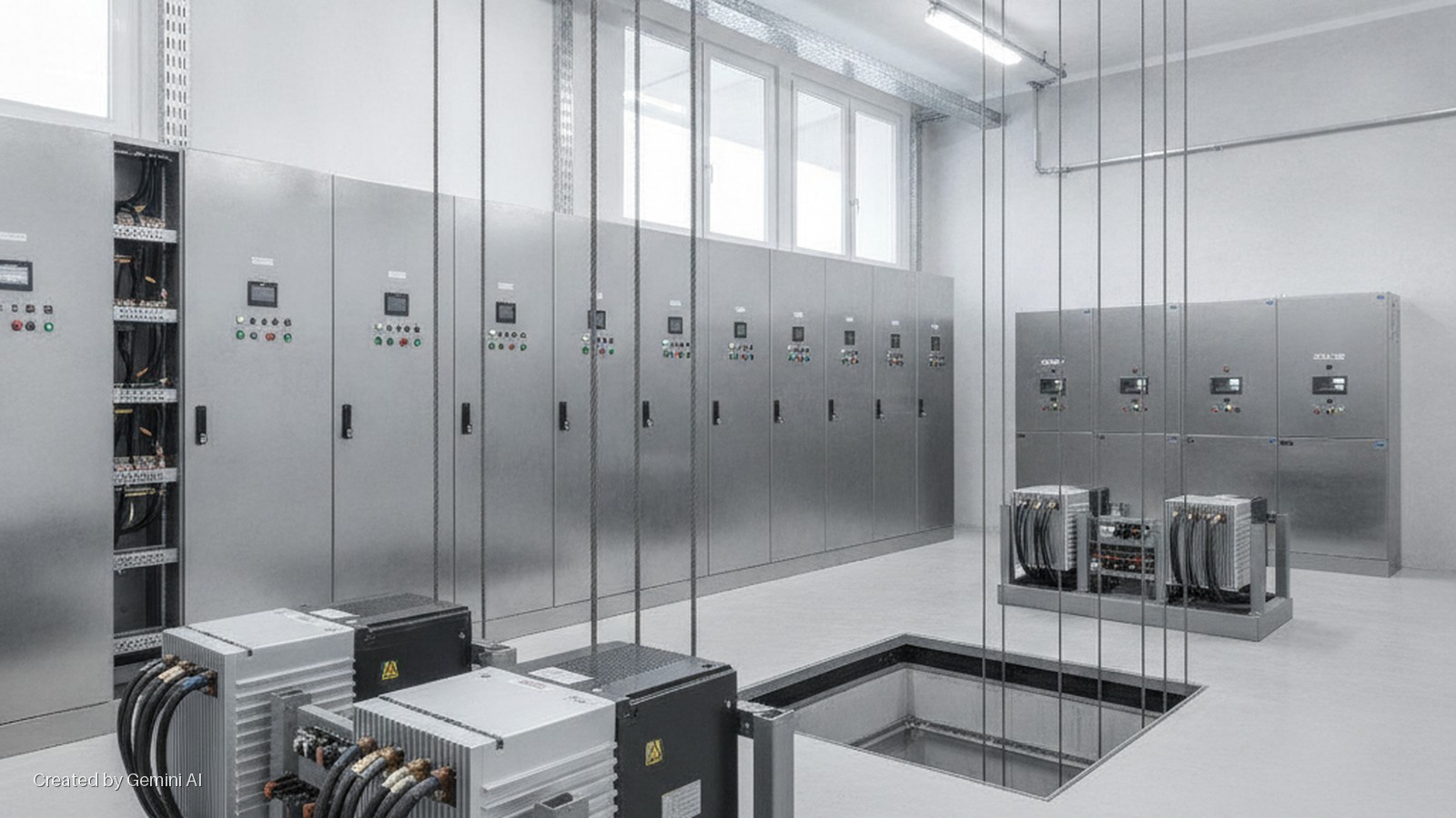 A well-lit industrial equipment room features rows of metal electrical cabinets, several floor-mounted power units with exposed cabling, an open floor pit, and is illuminated by overhead fluorescent lights and natural light from windows.