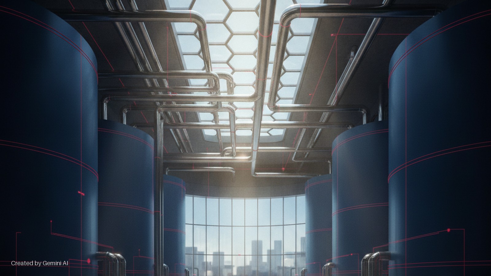An industrial interior features large dark tanks, an overhead network of metal pipes and honeycomb skylights, and a panoramic window overlooking a city skyline, all highlighted by bright natural light and red circuit lines.