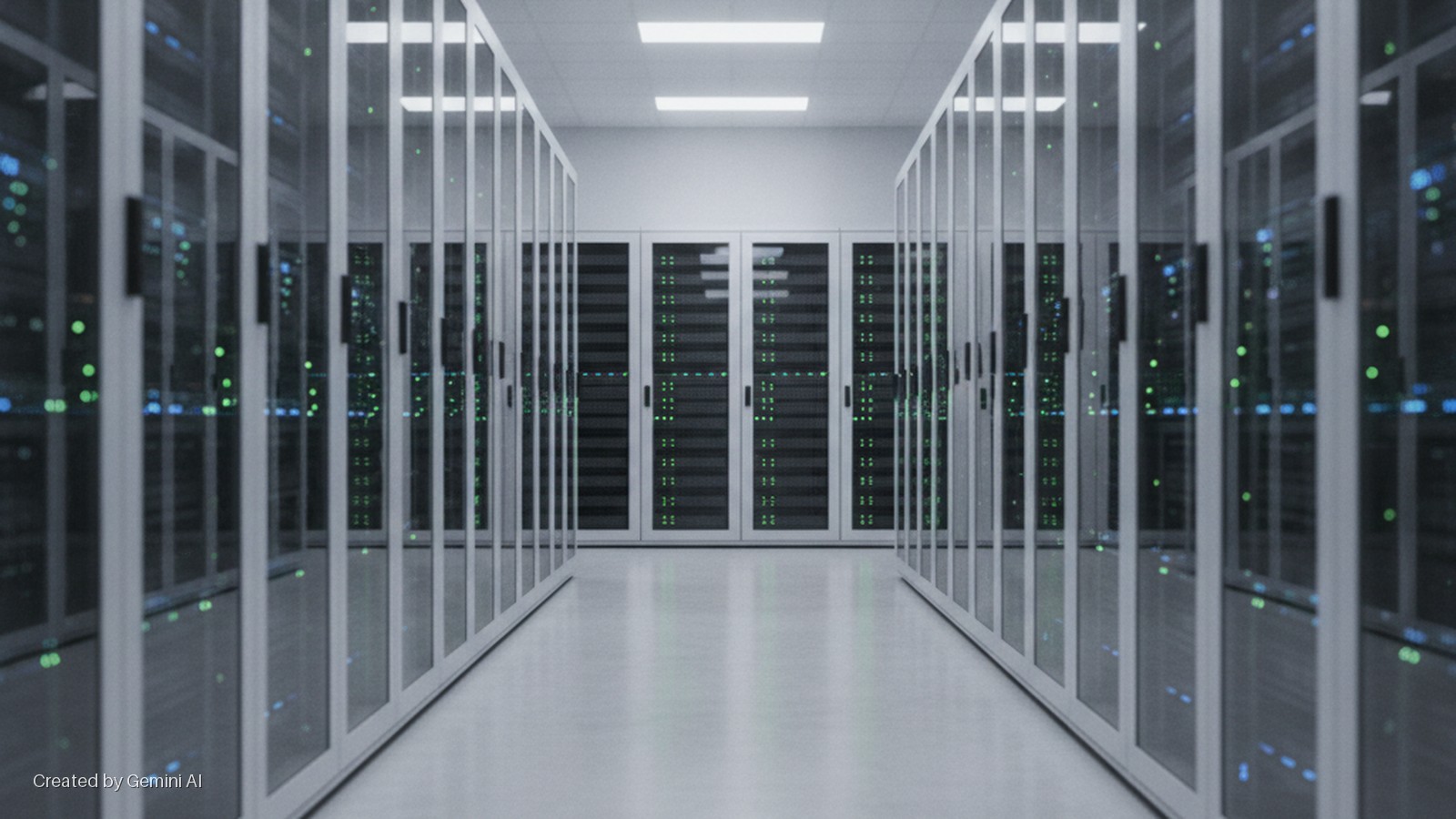 A data center corridor illuminated by overhead fluorescent lights, with rows of server racks enclosed by glass doors showing numerous blinking green and blue indicator lights.
