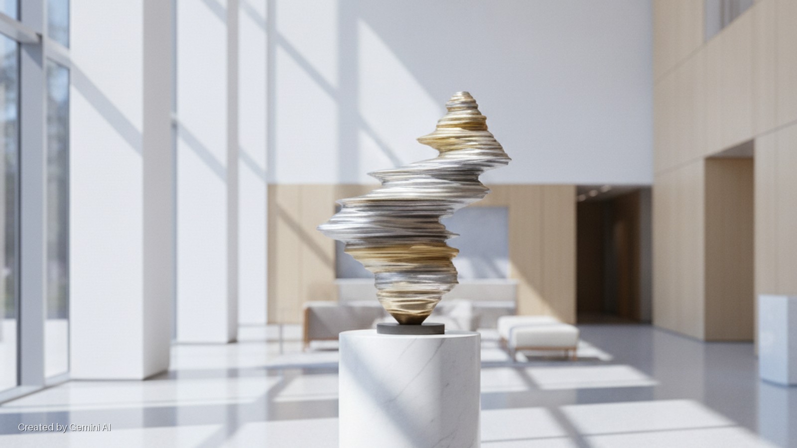 A modern abstract sculpture with silver and gold spiraling layers rests on a marble pedestal in a bright, sunlit contemporary interior featuring large windows, white columns, and light wood paneling.