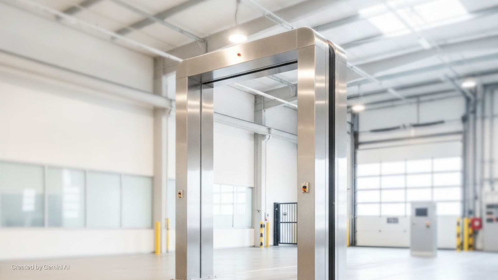 A modern, brightly lit brushed metal walk-through entry system with a top indicator light and side control buttons stands in a clean, empty industrial space with large windows and roll-up doors in the background.