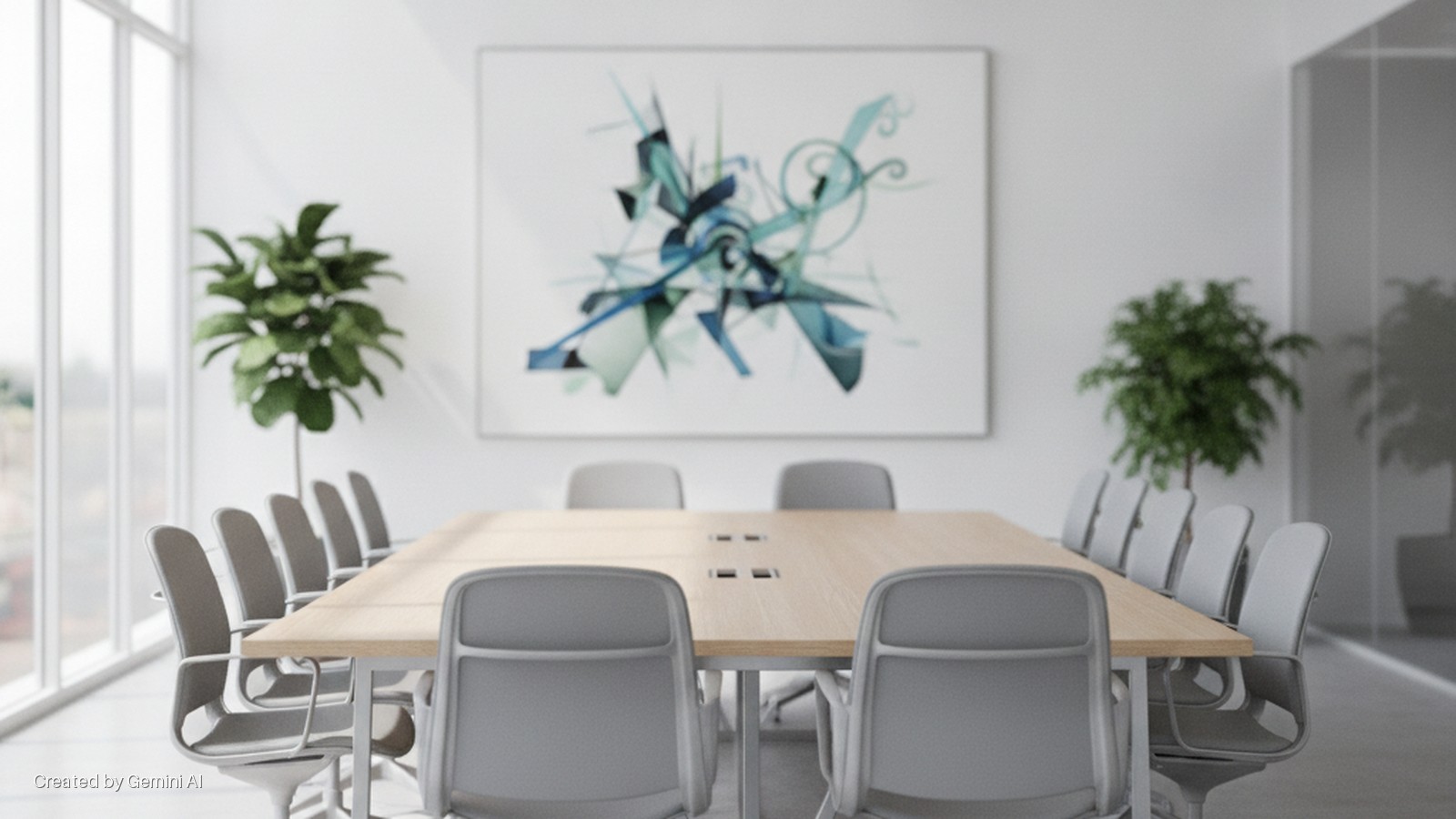 A bright, naturally lit modern conference room features a long wooden table surrounded by grey office chairs, tall windows on the left, a large abstract blue and green artwork on the back wall, and two potted plants.