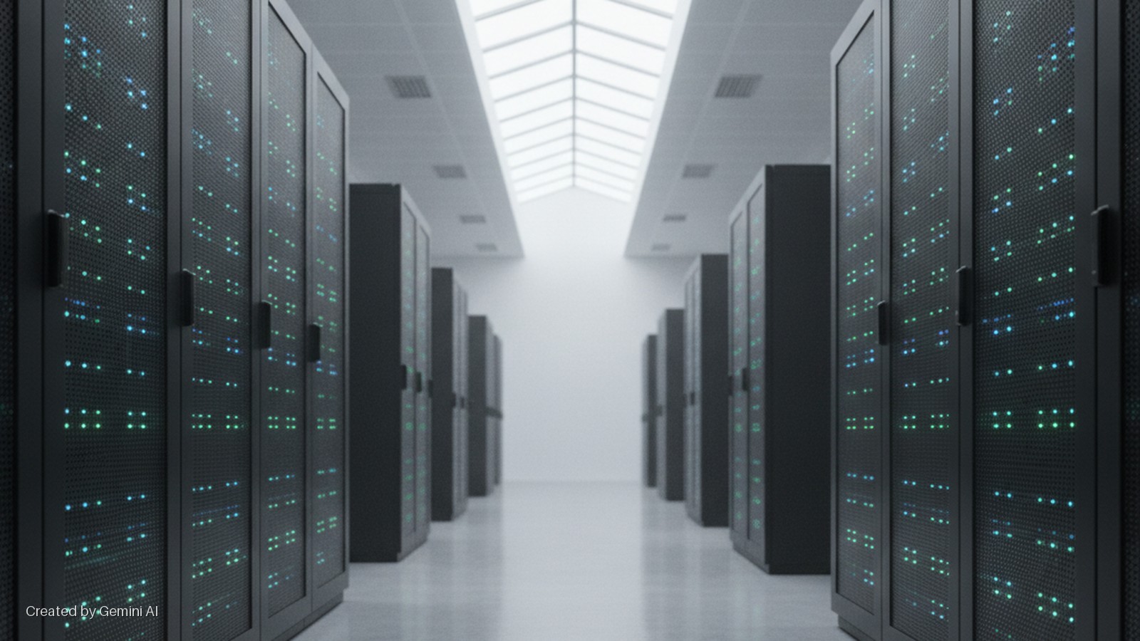 A data center aisle with rows of black server racks showing glowing green and blue LED lights, lit by bright overhead skylights.