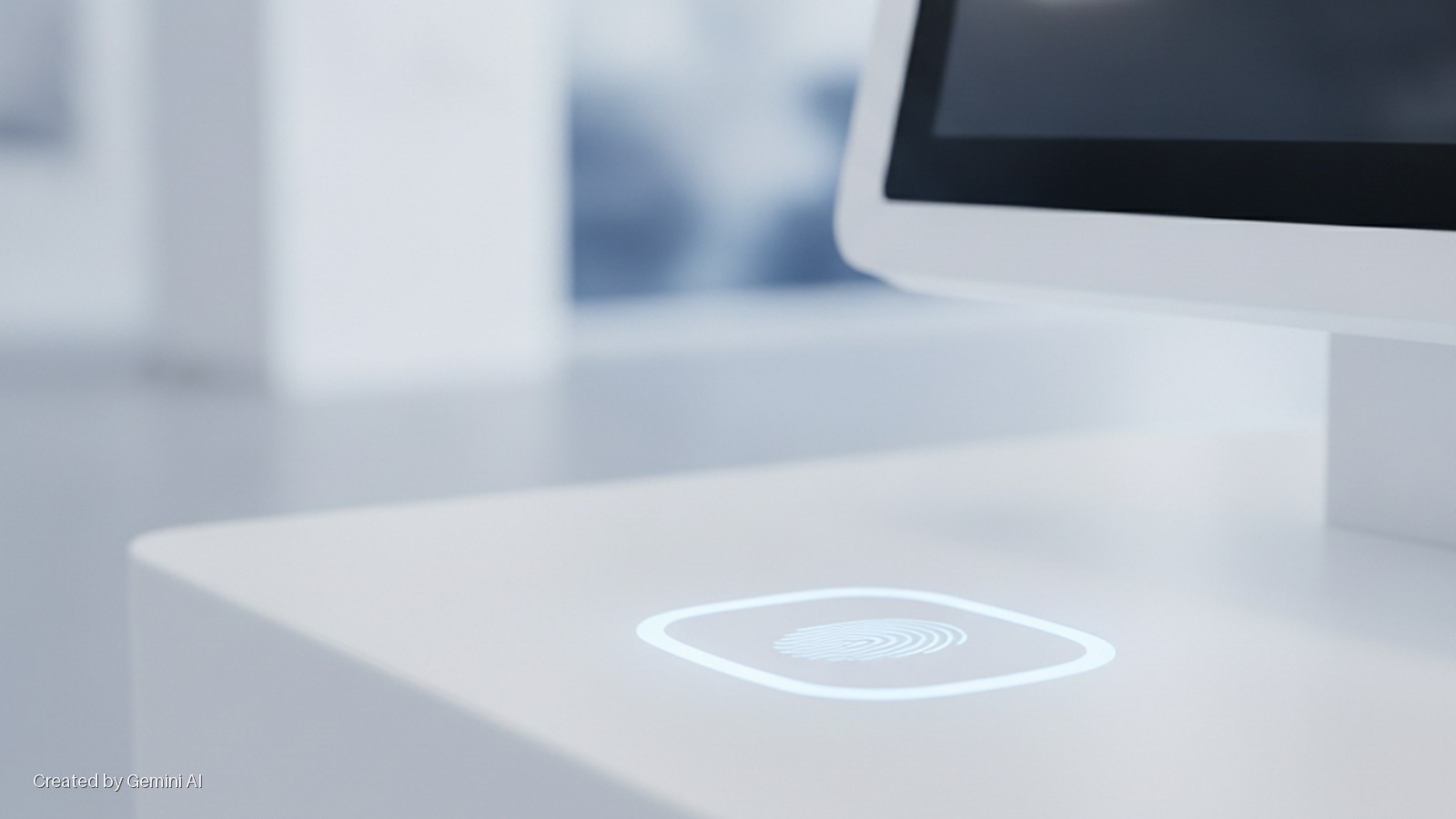 A bright, glowing fingerprint icon is embedded in a sleek white counter below a digital screen, within a well-lit, minimalist interior.