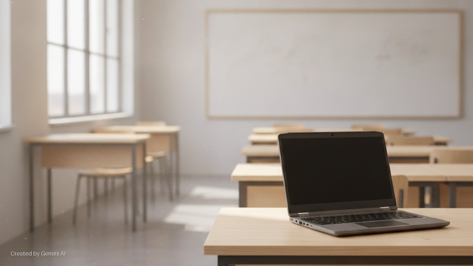 A dark laptop sits open on a light wooden desk in the foreground of an empty, sunlit classroom with blurred rows of desks and chairs, a window on the left, and a whiteboard at the back.