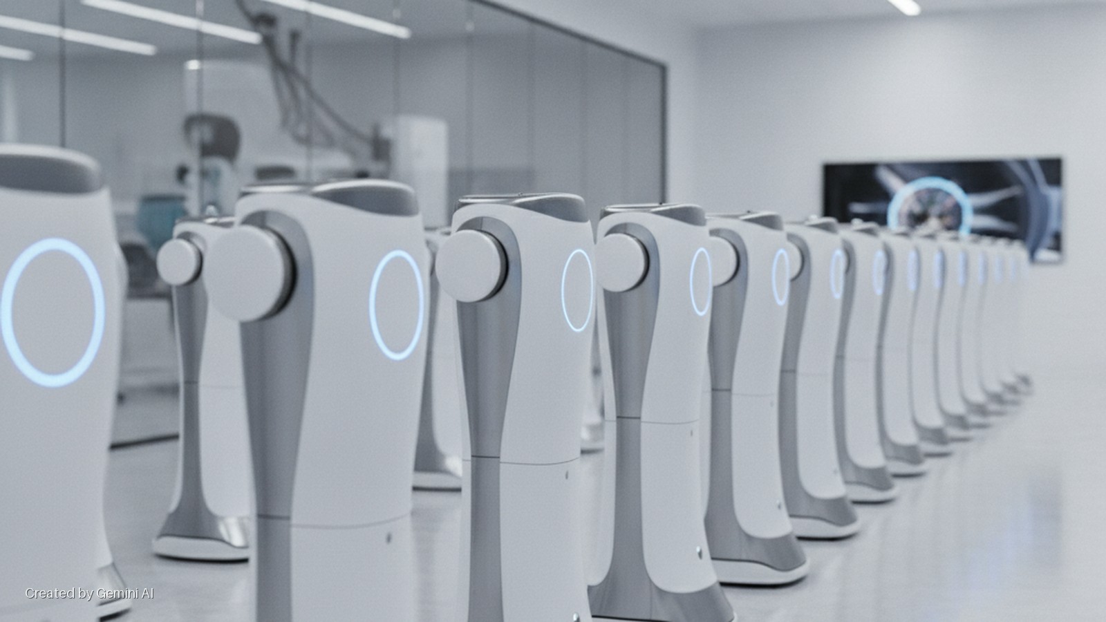 A brightly lit modern room with a reflective white floor features a long line of white and grey robots, each with a glowing blue circular display on its torso, and a large screen displaying a blue circular graphic on the back wall.