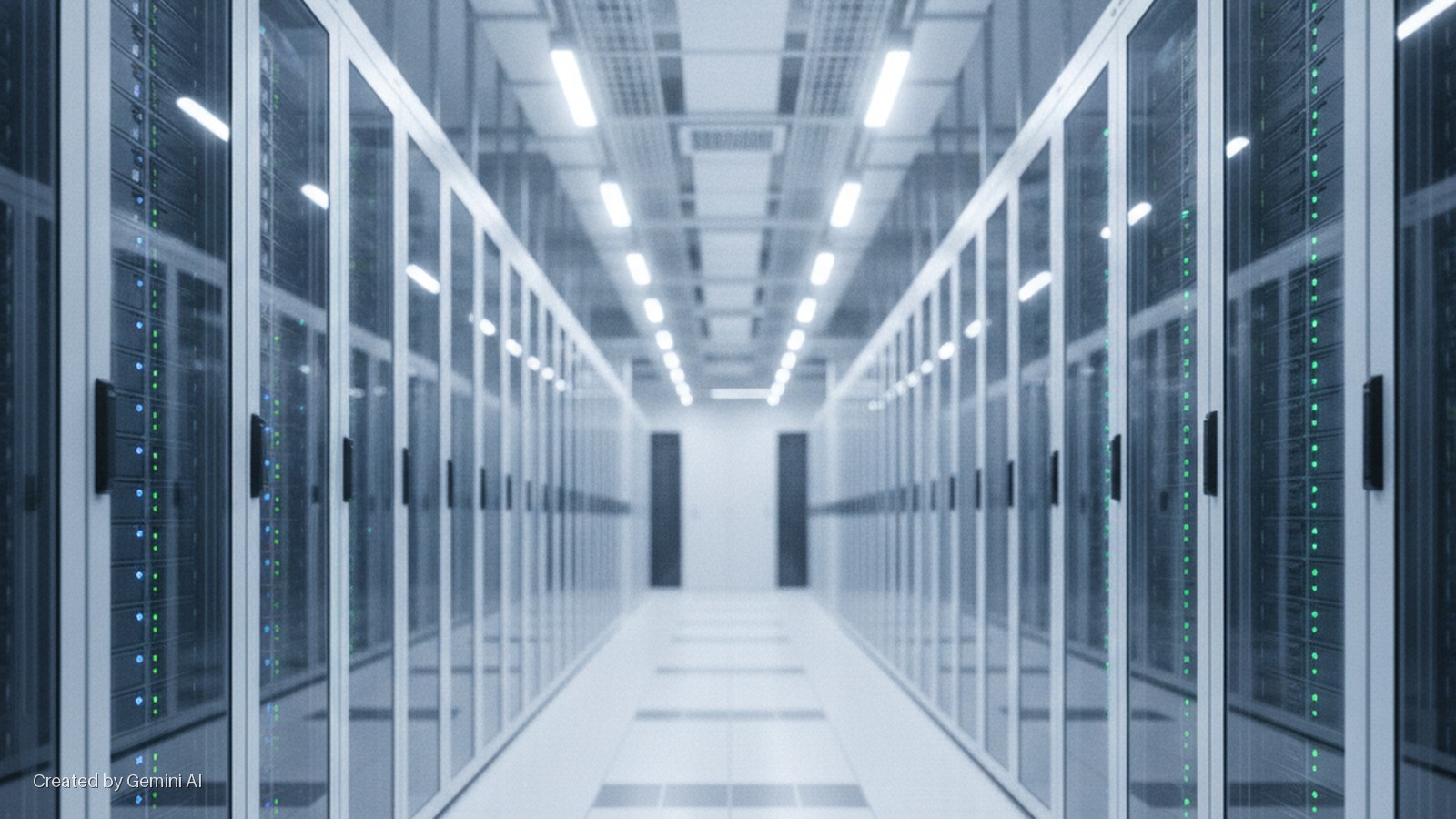A long data center hallway is lined with server cabinets displaying green and blue indicator lights, illuminated by bright overhead ceiling lights.