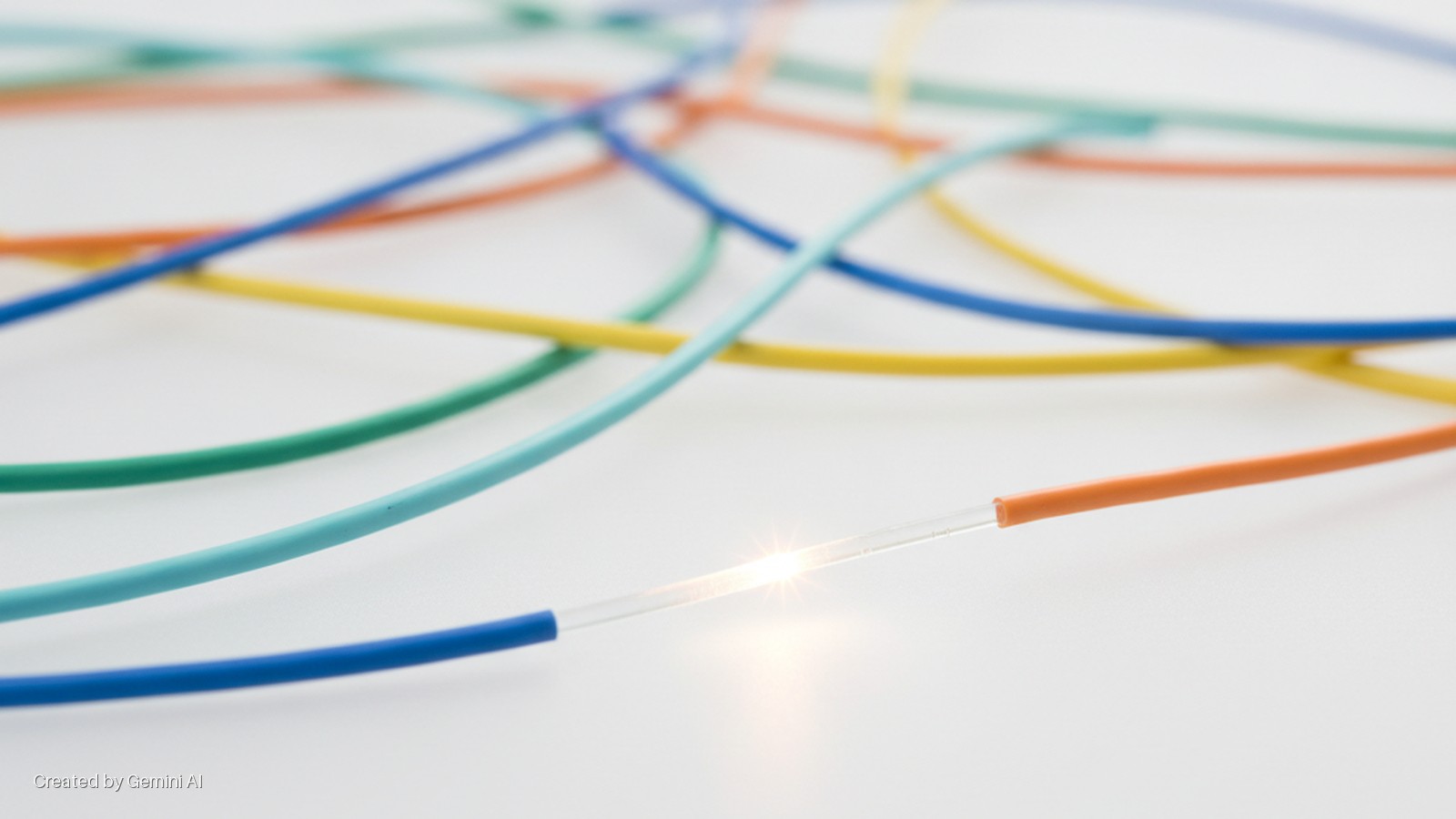 Colorful fiber optic cables are spread across a white surface, with a bright light emanating from a clear segment connecting blue and orange cables.