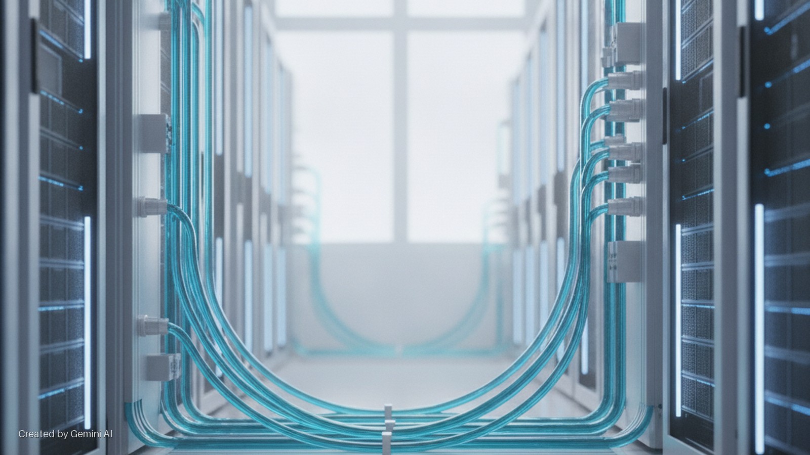 A well-lit data center aisle with multiple glowing blue cables looping across the floor and connecting to rows of server racks, with a bright window visible in the distance.