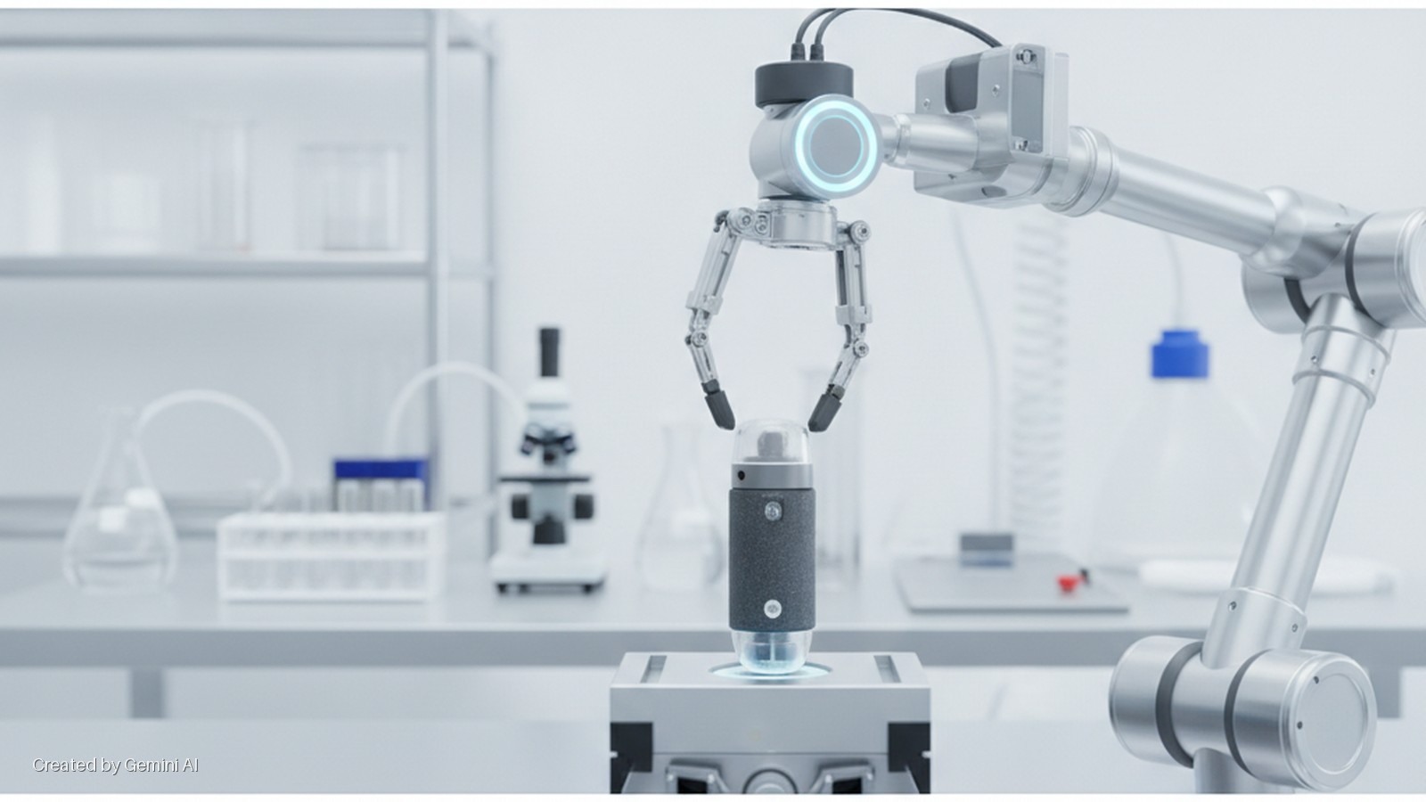 A brightly lit laboratory features a silver robotic arm positioned above a glowing cylindrical device on a platform, with a microscope, flasks, and test tubes on a lab bench in the background.