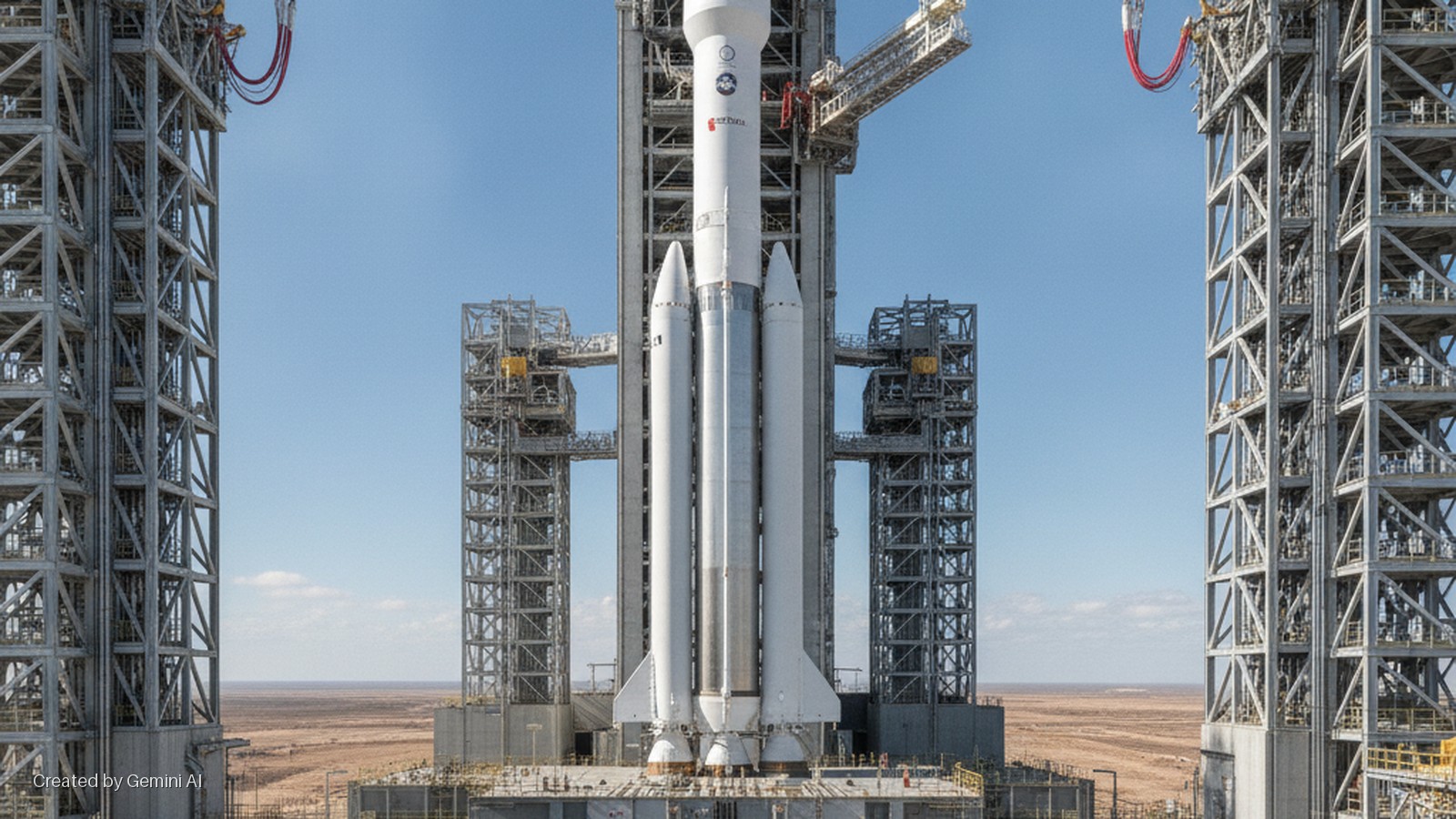 A large white rocket with multiple boosters stands on a launchpad, flanked by tall launch service structures and umbilical connections, against a clear blue sky over a desert landscape in bright daylight.