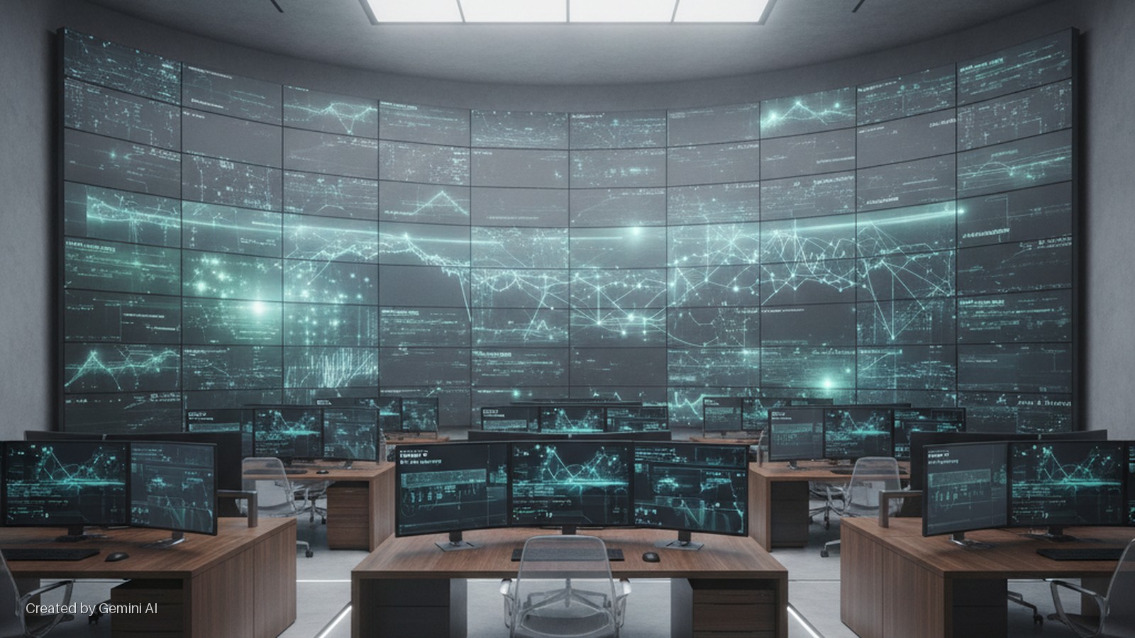 A dark control room features a large, curved video wall displaying bright blue-green data graphics, flanked by multiple workstations with several computer monitors showing similar digital information, illuminated by the glowing screens and 