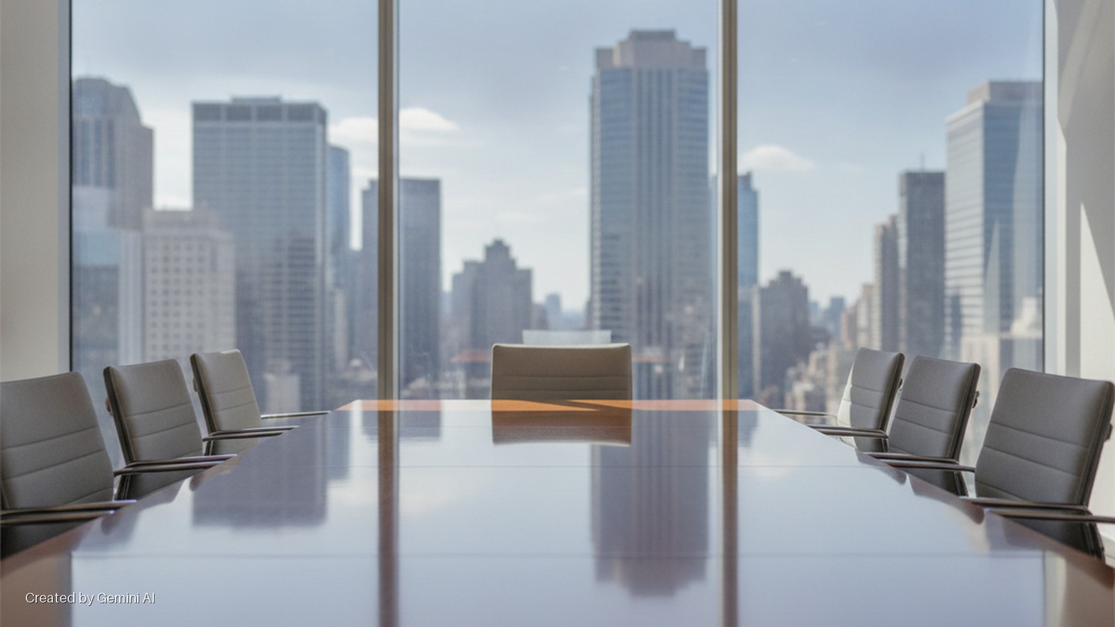 A modern conference room features a long polished table and ergonomic chairs, with large windows offering a sunlit view of a distant city skyline.