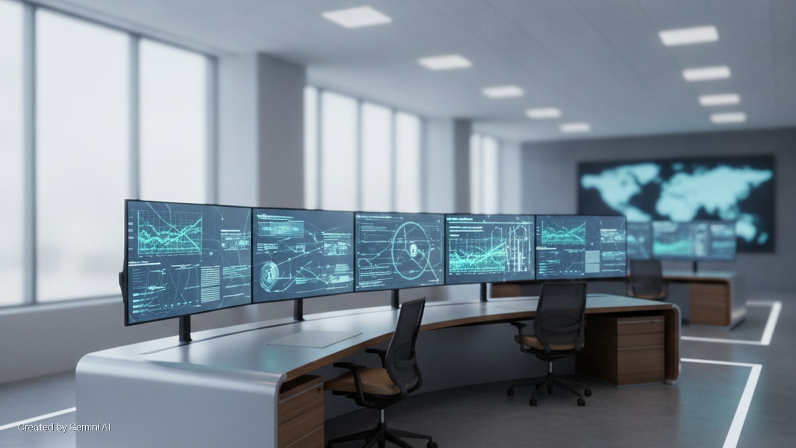 A brightly lit, modern control room features a long, curved desk with multiple monitors displaying blue-green digital data, several office chairs, illuminated floor lines, and a large world map on a screen at the back.