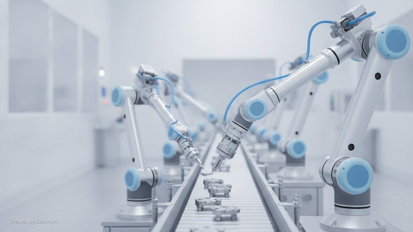 White robotic arms with blue details operate on metallic components moving along a conveyor belt in a brightly lit industrial assembly line.