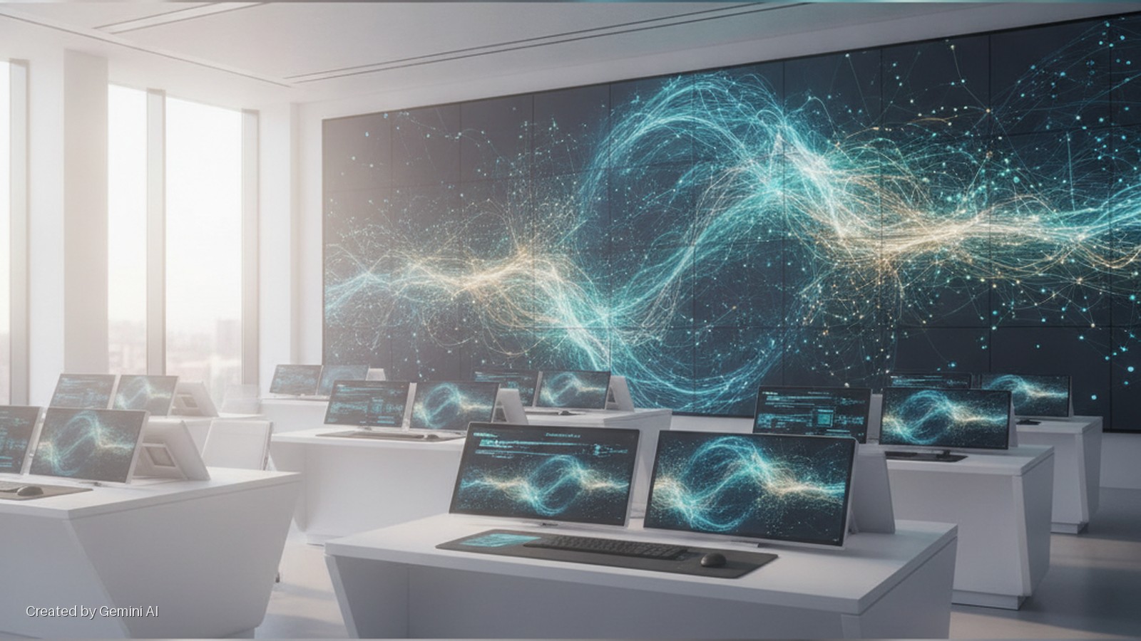 A bright, modern data analysis room features rows of white desks with computer monitors, keyboards, and mice, all displaying abstract glowing data visualizations, with a large multi-panel display wall at the back also showing similar patter
