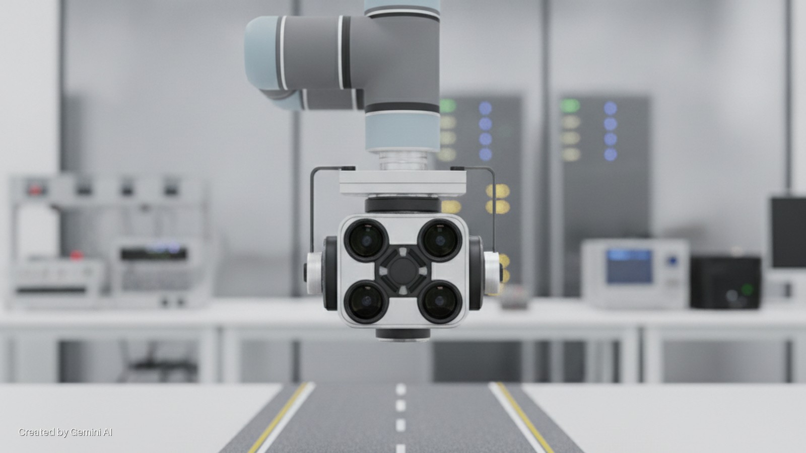 A robotic arm segment with a quad-camera array hangs centered over a miniature asphalt road, in a brightly lit modern lab setting with blurred lab equipment and server racks in the background.
