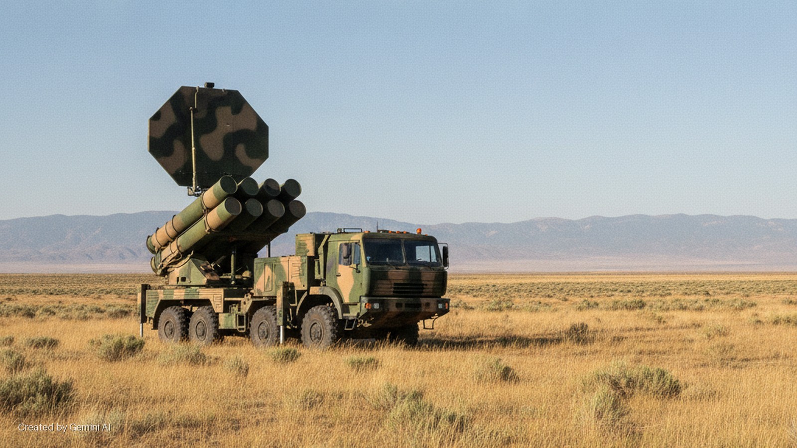 A camouflage military truck with a raised octagonal radar dish and multiple missile launch tubes stands in a vast, dry, golden field with faint mountains under a clear blue sky.