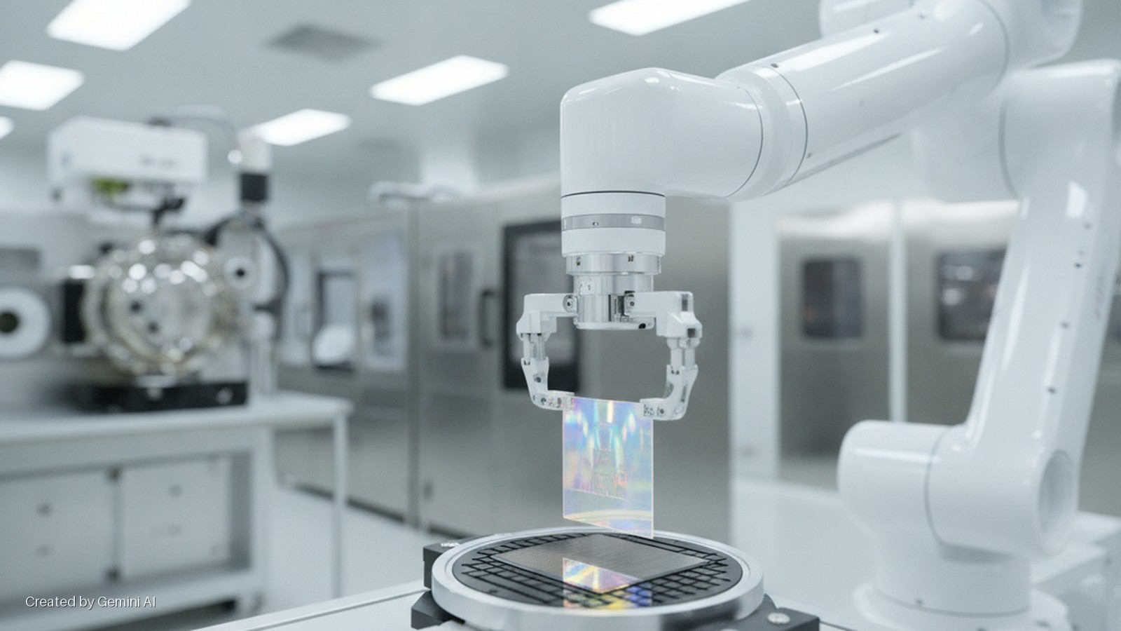 A white robotic arm holds an iridescent semiconductor wafer over a circular grid platform in a brightly lit, sterile cleanroom laboratory with various specialized machines in the background.